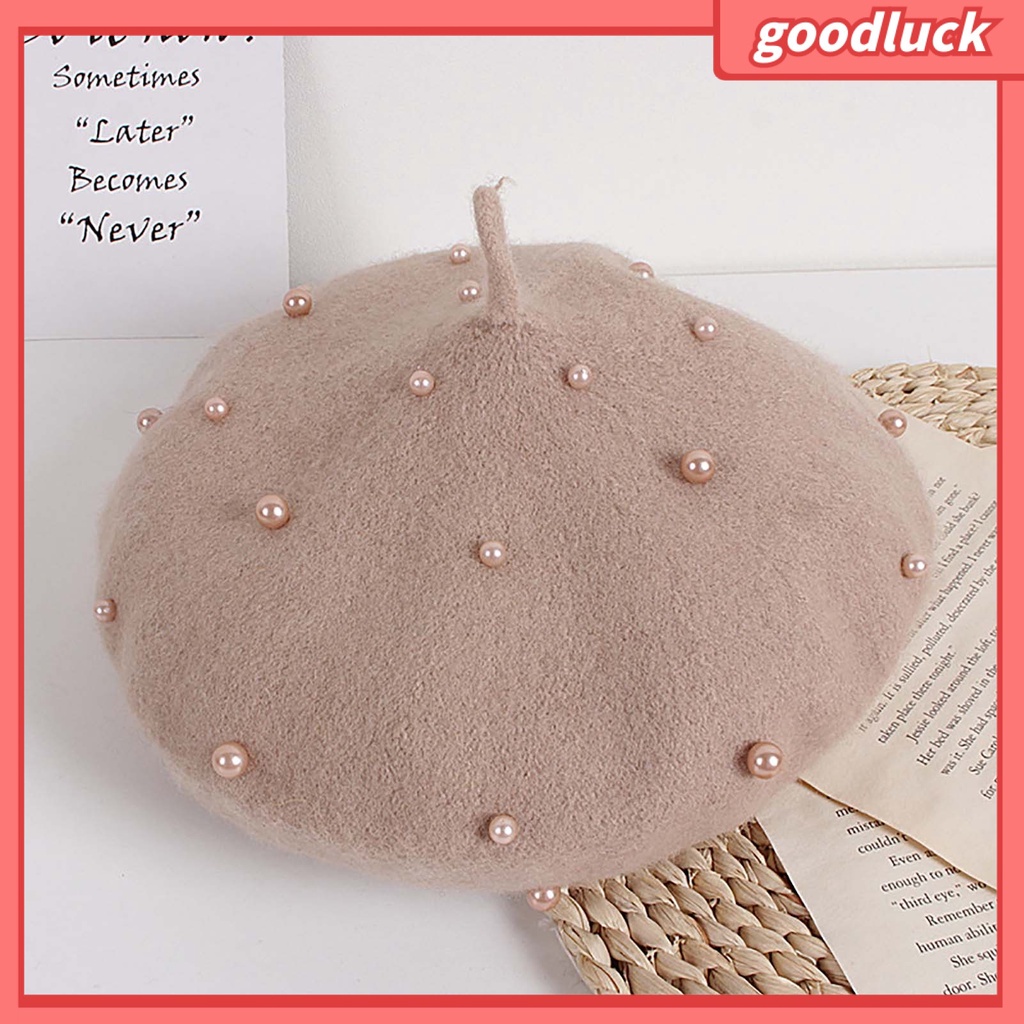 Mũ Beret Vải Lông Cừu Đính Ngọc Trai Màu Trơn Cổ Điển Giữ Ấm Thời Trang Cho Bé Gái