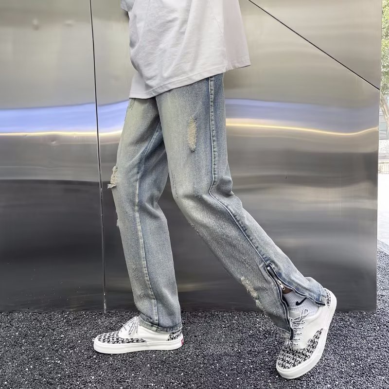 Quần Jeans Rách Phối Khoá Kéo Phong Cách Retro Cho Nam Giới Size S-3XL