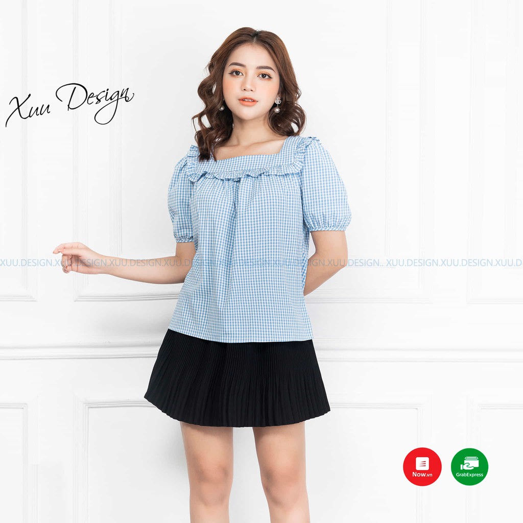 Áo sơ mi nữ công sở vải kate caro cổ vuông phối bèo - XUU DESIGN Xu08