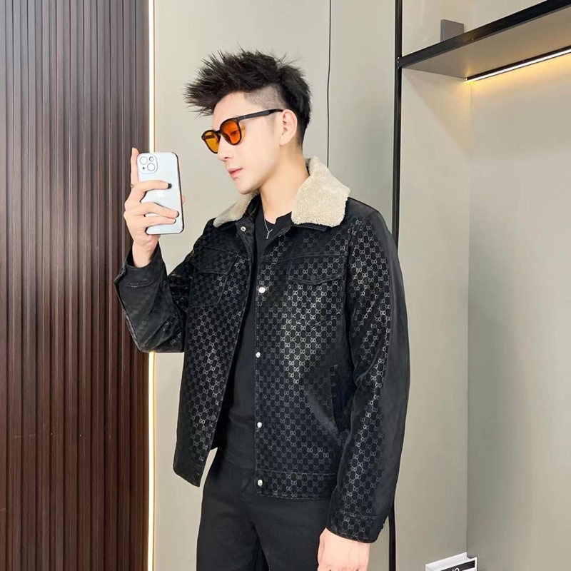 Áo khoác da nam gucciii cổ lông mẫu mới 2023
