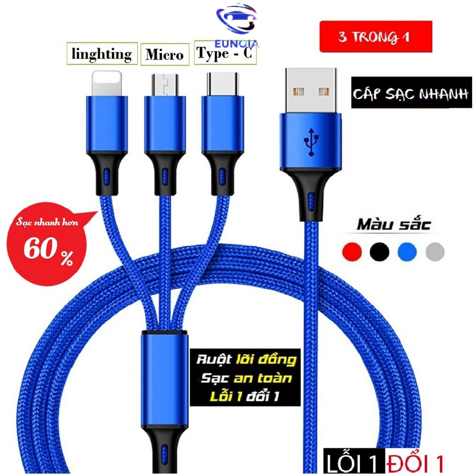 Cáp Sạc 3 Đầu Type C,,Micro USB Siêu Bền và tiện ích