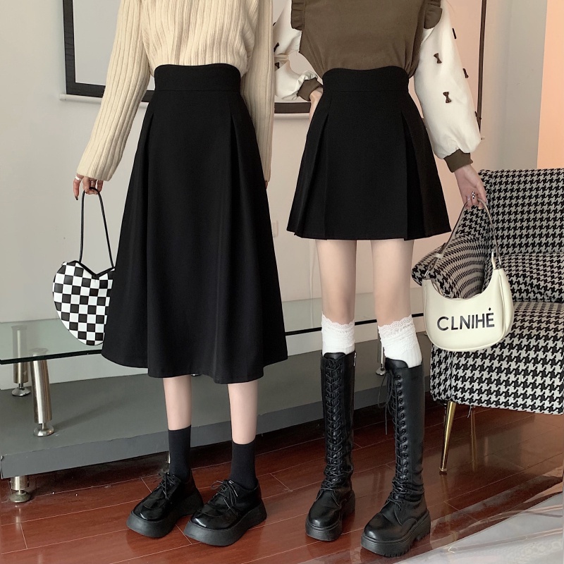 BIGSIZE Nữ chân váy chữ a dáng dài lưng cao màu đen mùa thu Phong cách Hàn Quốc cho người mập béo 45-100kg quảng châu cao cấp