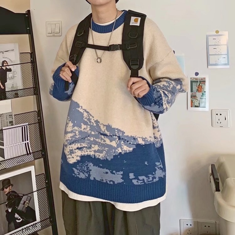 Áo sweater dệt kim cổ tròn dáng rộng họa tiết gợn sóng thời trang cho nam
