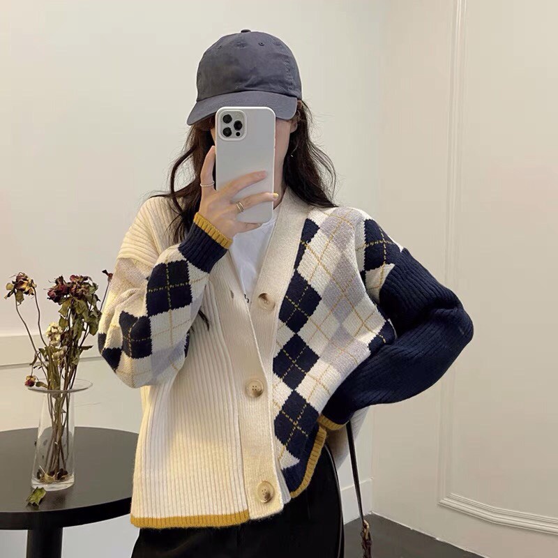 Áo khoác cardigan 2 màu hoạ tiết kim cương phối viền cam - Miss girl