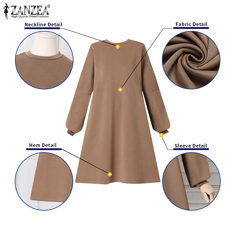 Đầm nữ ZANZEA dài tay cổ tròn dáng rộng thời trang Hàn Quốc