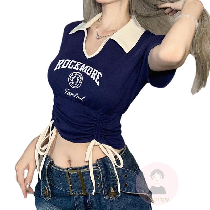 Áo Thun Nữ Ngắn Tay Cổ Chữ V Dây Rút Thời Trang