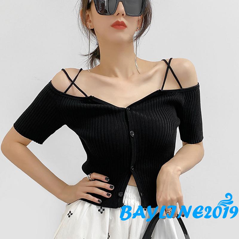 Áo Dệt Kim Ngắn Tay Trễ Vai Cổ Chữ V Cài Nút Đơn Giản Cho Nữ