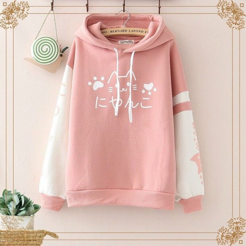 Áo Hoodie Nam & Nữ Hình Mèo Chữ Nhật Bản Mũ Dây Rút Form Dưới 58kg - Chất liệu vải nỉ lót bông mềm (Chọn màu Hồng, Xanh)