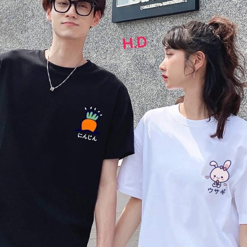 Áo đôi thỏ +carot HĐ12, Áo thun nam và nữ, from rộng, mặc không xù - FANI