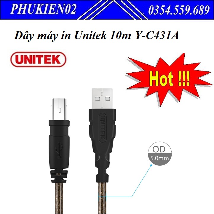 Cáp máy in USB 10m Unitek Y-C431 kết nối máy tính để bàn, laptop…. với các thiết bị máy in, máy quét - Hàng chính hãng