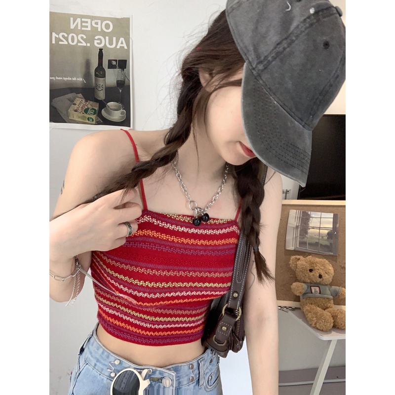 Áo kiểu hai dây XIAOZHAINV dệt kim họa tiết kẻ sọc nhiều màu sắc ôm dáng vừa vặn thời trang mùa hè quyến rũ cho nữ