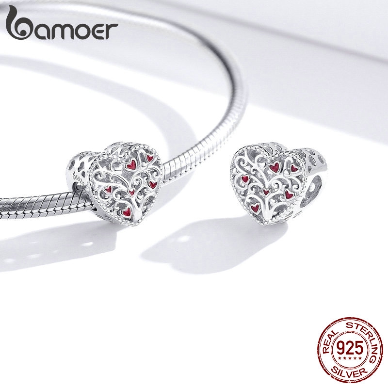 Charm bạc BSC279 tráng men đỏ Bamoer hình trái tim xỏ lắc tay