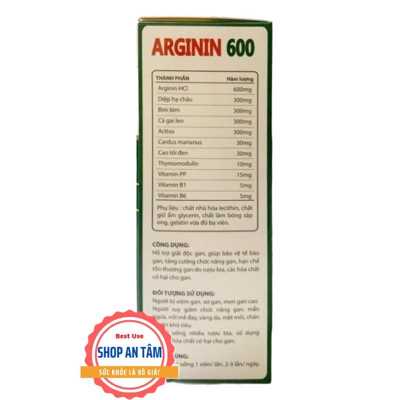 Bổ Gan Arginin 600 tăng cường chức năng gan, mát gan giải độc, cho người uống nhiều rươu bia