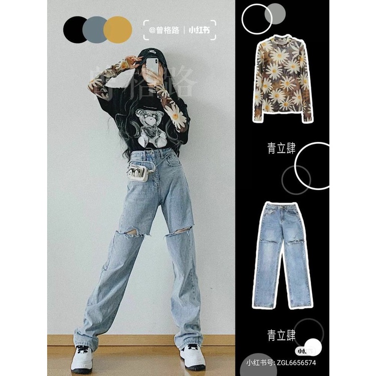 Quần jean baggy haiquang rách gối cá tính màu xám chất đẹp dáng dài chuẩn form
