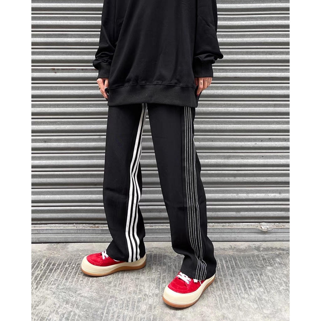 Quần line ba sọc MEANSTORE unisex basic nam nữ cạp chun ống rộng phong cách Hàn Quốc ulzzang - đen sọc trắng