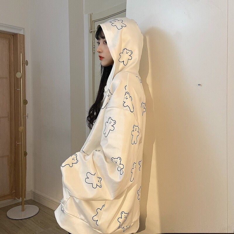 Áo Hoodie Nỉ Nữ Hình Gấu Trắng 🦋 Áo Khoác Unisex Khóa Kéo Kèm Mũ 🦋