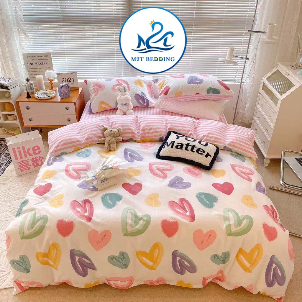 Bộ chăn ga gối Cotton poly M2T Bedding Tim mộng mơ, vỏ chăn mền, drap nệm và 2 vỏ gối