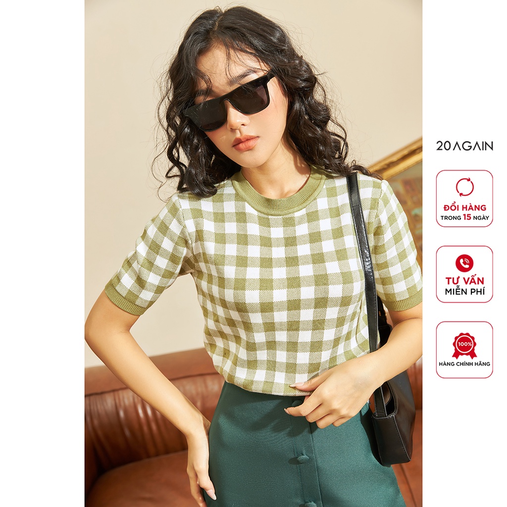 Áo len nữ ngắn tay cổ tròn 20AGAIN,  phong cách Hàn Quốc trẻ trung, họa tiết caro cá tính  ALA0056 | BigBuy360 - bigbuy360.vn