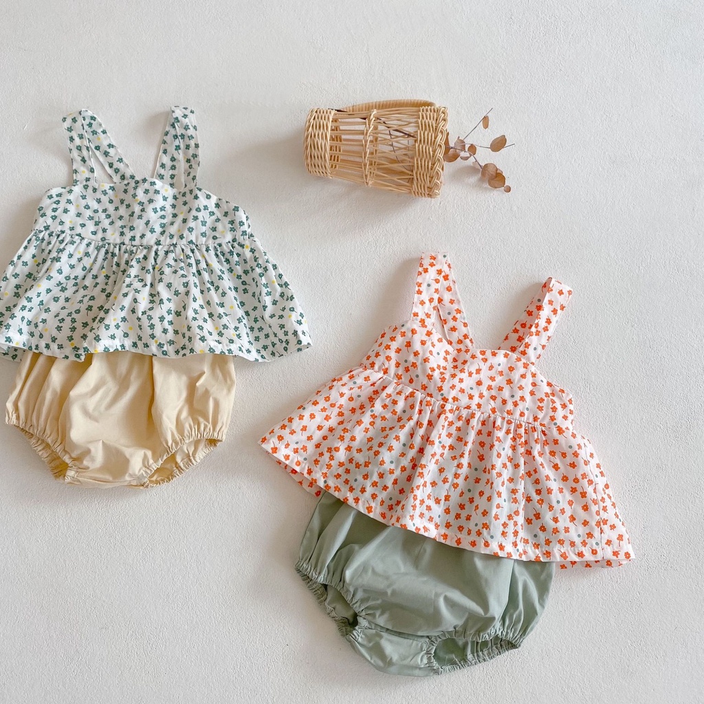 Bộ áo hai dây hoa và quần cho bé gái xinh xắn ảnh thật