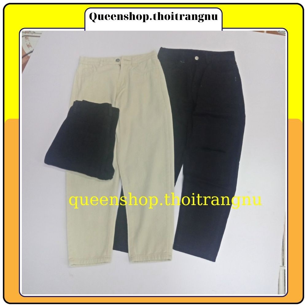 Quần Jeans nữ baggy lưng cao , quần jeans bigsize trơn màu đen Queenshop