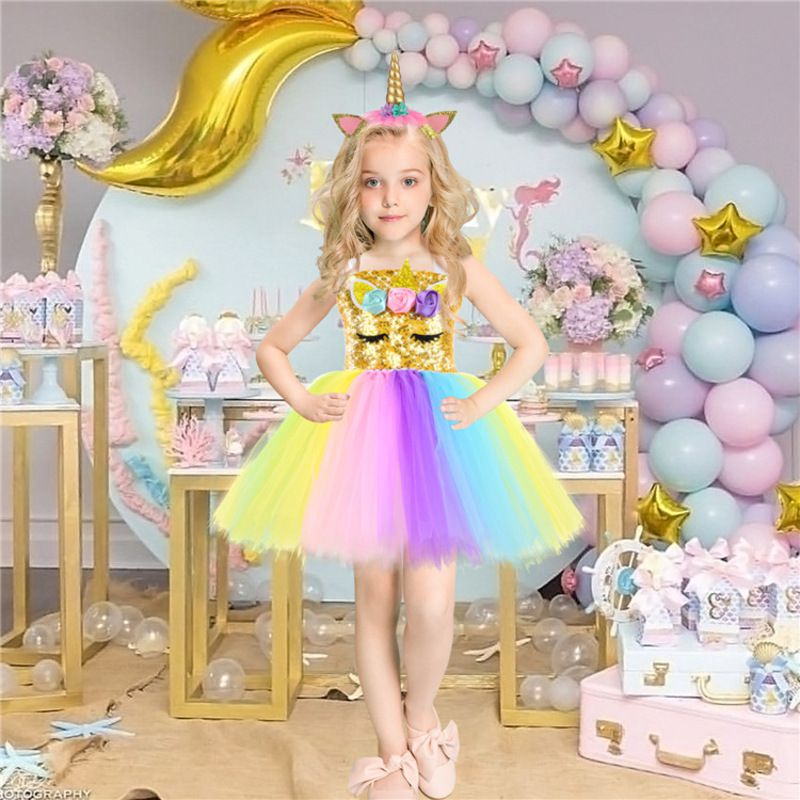 Unicorn girl Cosplay Girls Dress Rainbow Pattern Halloween Party Dress Hair Band Suit kid gift
