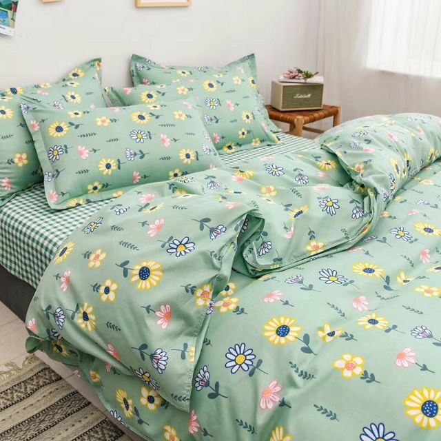 Bộ Chăn Ga Gối Hoa Cúc Vàng Trắng Cotton Poly