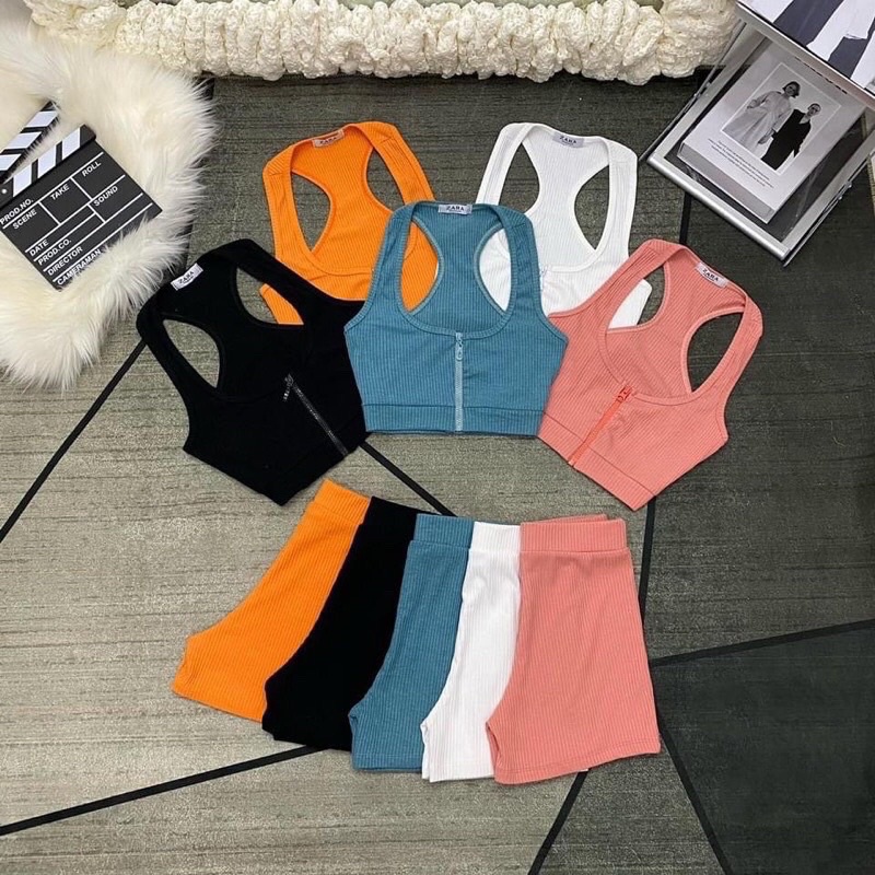 Set áo zip dây kéo + quần ôm lưng cao siêu xinh, chất thun gân co giãn tập gym được