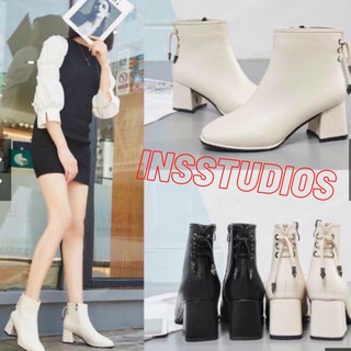 Bốt nữ thời trang mùa đông Bốt lửng buộc giây gót da lì cổ ngắn mũi vuông gót vuông khoá sườn buộc dây nơ sau lót lông