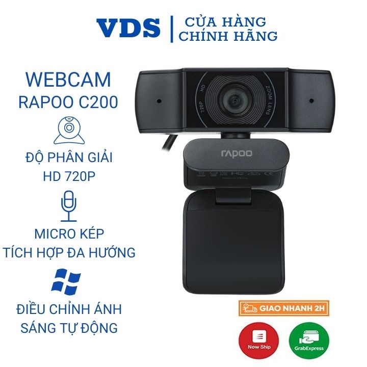 Webcam máy tính Rapoo C200 mini tích hợp mic giảm ồn hỗ trợ học trực tuyến online,live stream cho pc laptop-VDS SHOP