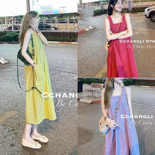 [Ảnh thật/Sẵn] Đầm - Váy 2 dây kẻ caro nhiều màu dáng dài túi trước
