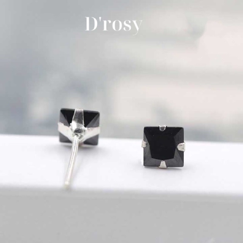 Khuyên tai nam bạc ta nguyên chất, bông tai nụ  đá vuông cỡ 3mm, 4mm,5mm,6mm màu trắng và đen