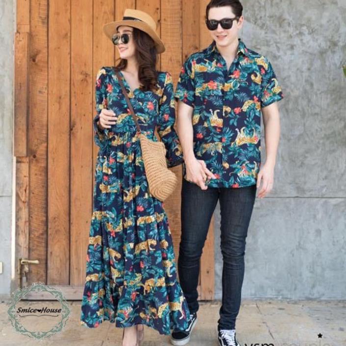 SET ÁO CẶP ĐẦM HOA ĐI BIỂN THỜI TRANG, ĐỒ ĐÔI ÁO SƠ MI ĐẦM MAXI HOA LÁ .