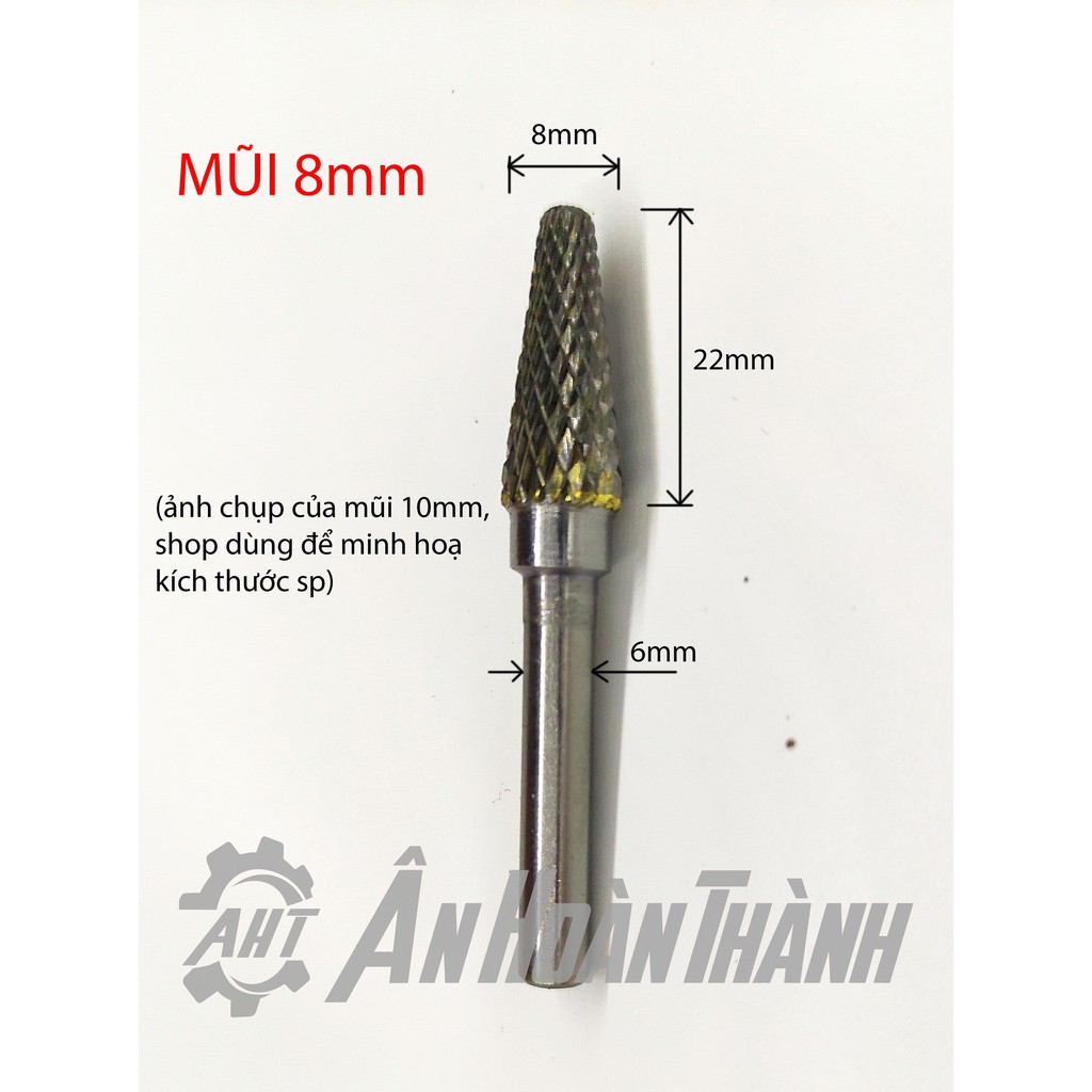 Mũi Mài Hợp Kim Vonfram Siêu Cứng – Cán 6mm – Kiểu Chóp Nón Đầu Tròn 2 Xoáy