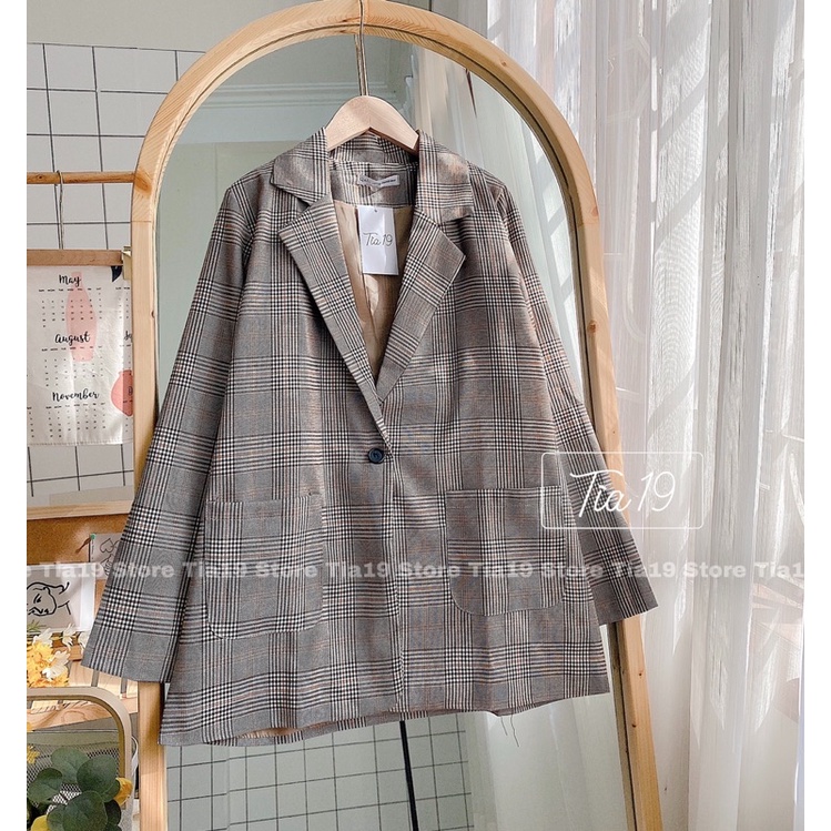 Áo blazer 2 lớp kẻ nâu tây Tia19. Áo khoác vest kẻ caro ulzzang hai lớp