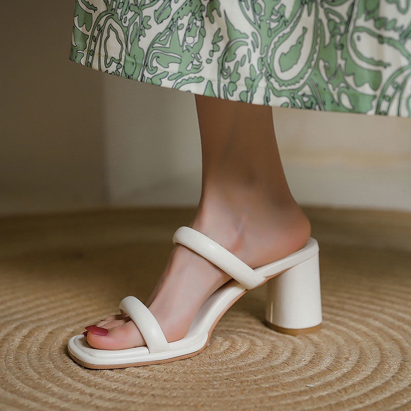 ☍☈Trong Kho Tự Phân ~ Mặc Ngoài Trời!Giày Sandal Gót Cao Dày Mũi Vuông Đơn Giản Phong Cách Pháp Dễ Phối Đồ