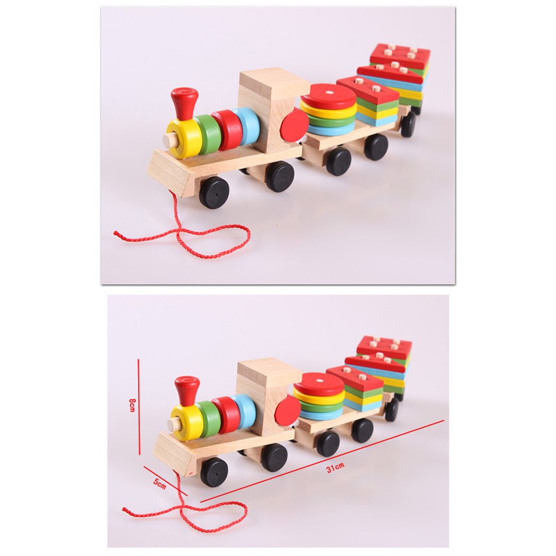 Đồ chơi montessori tàu hỏa nhiều màu sắc chở khối gỗ thả hình trụ cho bé