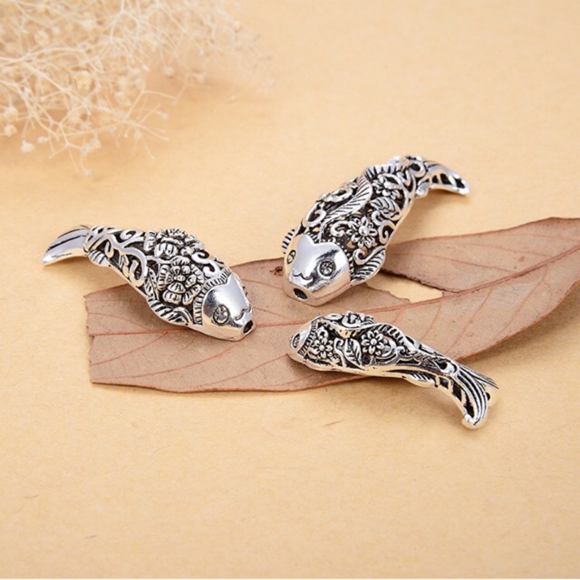 SỈ SIÊU RẺ  Charm bạc cá chạm hoa mẫu đơn hàng đẹp - Bạc xịn loại 1, PH039