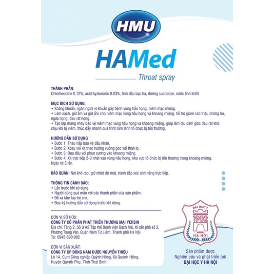 Xịt Họng HMU HaMed Của đại học YHà Nội