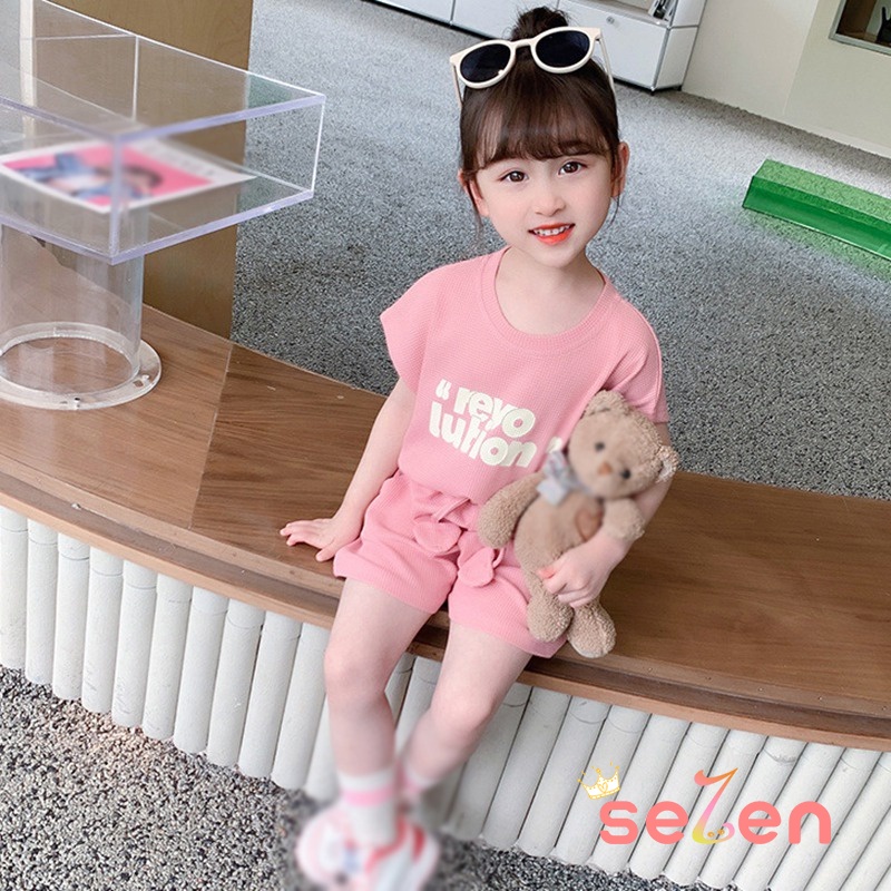 Se7en Set Áo Thun Ngắn Tay In Chữ + Quần Short Thời Trang Hè Hàn Quốc Cho Bé Gái