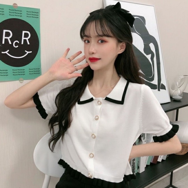 Áo Thun Dệt Kim Ngắn Tay Cổ Búp Bê Thời Trang Cá Tính