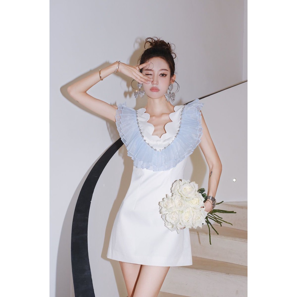 Phong Cách mới!F &amp; X Đầm Hai Dây Ngắn Lưng Cao Viền Gợn Sóng Bằng Vải Organza Nhẹ Nhàng Quyến Rũ Cao Cấp Kiểu Pháp Ngọt Ngào Thời Trang Mùa Hè Dành Cho Nữ