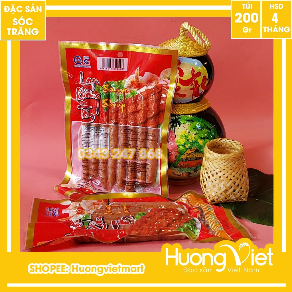 Lạp xưởng tôm Sóc Trăng Tân Huê Viên cao cấp 200g, lạp xưởng Mai Quế Lộ làm từ thịt tôm tươi vị cay nhẹ hút chân không