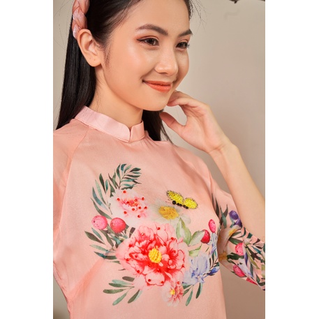 Áo dài cách tân nữ in hoa hồng bay bổng vô cùng duyên dáng - L34