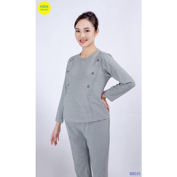 Bộ bầu mặc nhà sau sinh Fochi 100% cotton Sài gòn giả cúc có khóa kéo 2 bên cho bé ti tiện lợi BB034