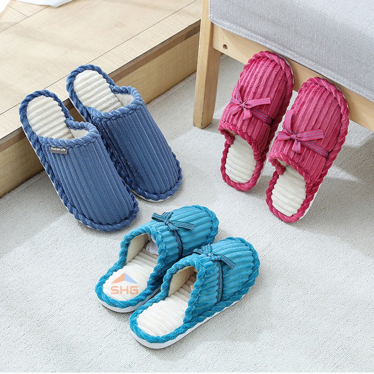 Dép bông đi trong nhà mùa đông, dép lông unisex đế cao su bám sàn tốt, mềm dẻo quai sọc dọc nếp quạt, nữ có nơ TDO