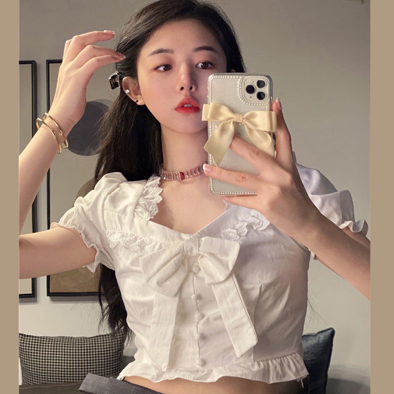 IELGY Áo Sơ Mi Trắng Tay Ngắn Phồng Cổ Vuông Phong Cách Pháp Thời Trang Mùa Hè Cho Nữ