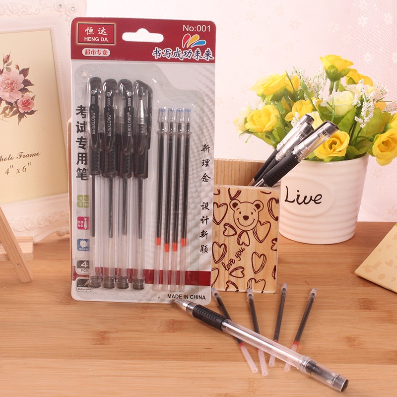 BÚT BI NƯỚC VĂN PHÒNG 0.5MM MỰC ĐỀU NÉT CHỮ ĐẸP, bộ 4 bút bi nước kèm 4 lòng BB05