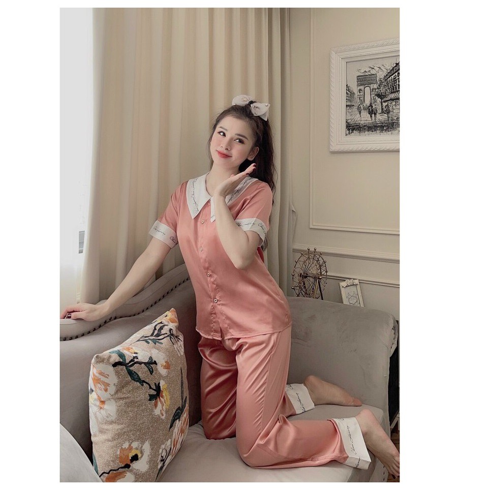 Set bộ pijama lụa tiểu thư cổ bèo viền chữ ký tay ngắn quần dài. | BigBuy360 - bigbuy360.vn