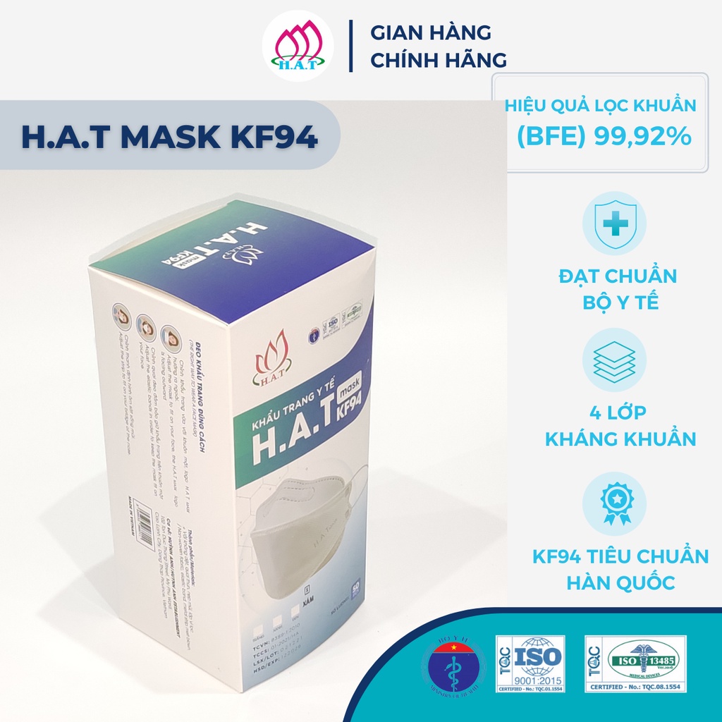 H.A.T MASK Khẩu Trang Y Tế KF94 (Màu Xám có lớp Than Hoạt Tính - Hộp 50 Cái)