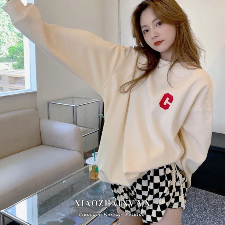 Áo nỉ tay dài cổ tròn dáng rộng thời trang cho nữ
